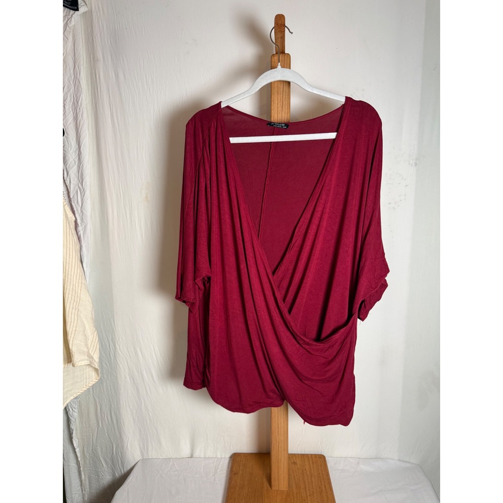 IN'VOLAND Burgundy Surplice Wrap V-Neck Plus Size Top‎ 24W Short Batwing Sleeve